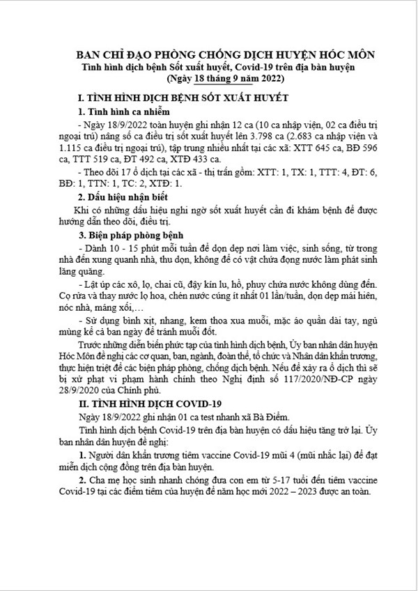 Tình hình dịch bệnh Sốt xuất huyết, Covid-19 trên địa bàn huyện 
(Ngày 18 tháng 9 năm 2022) 