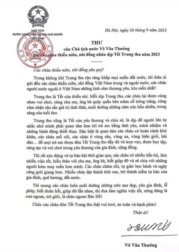 Thư của Chủ tịch nước Võ Văn Thưởng gửi các cháu thiếu niên, nhi đồng nhân dịp Tết Trung thu năm 2023