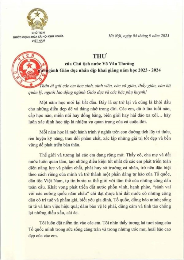 Chủ tịch nước Võ Văn Thưởng gửi thư chúc mừng ngành Giáo dục nhân dịp khai giảng năm học 2023-2024
