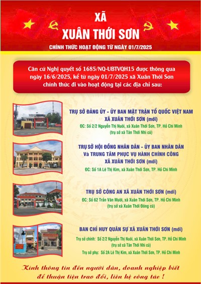 Thông báo Trụ sở làm việc của xã Xuân Thới Sơn chính thức hoạt động từ ngày 01/7/2025