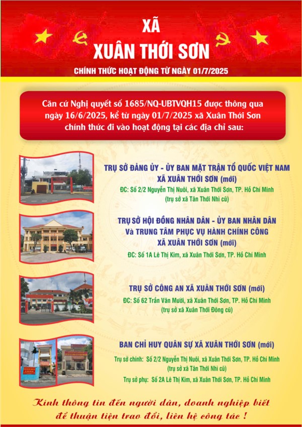 Thông báo Trụ sở làm việc của xã Xuân Thới Sơn chính thức hoạt động từ ngày 01/7/2025