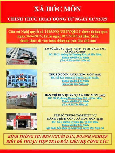 Thông báo Trụ sở làm việc của xã Hóc Môn chính thức hoạt động từ ngày 01/7/2025
